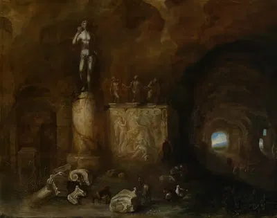 Интерьер грота со скульптурами и спящим пастухом by Авраам ван Кюленборх, 1643 — digital art print download