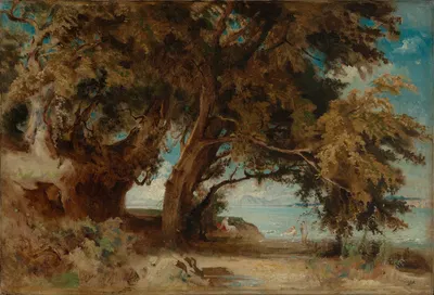 Baumgruppe am Ufer mit badenden Frauen by Emil Lugo — digital art print download