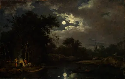 Mondscheinlandschaft mit Fischern am Lagerfeuer by Ferdinand Kobell — digital art print download