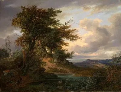 Пейзаж с дубами у моря by Фридрих Преллер Старший, 1834 — digital art print download