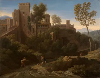 Klassische Landschaft mit Gebäuden in Tivoli by Gaspard Dughet — digital art print download
