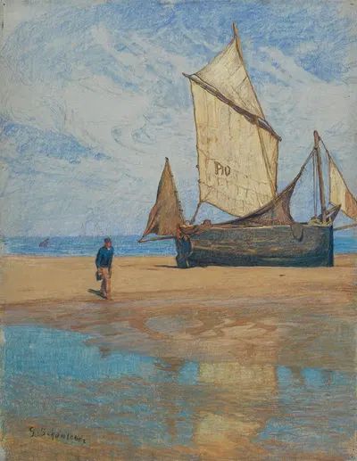 Отлив (парусная лодка на пляже) by Густав Шёнлебер, 1902 — digital art print download