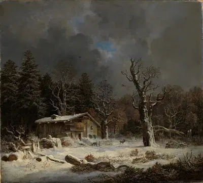 Лесной домик в зимнем лесу by Генрих Бюркель, 1855 — digital art print download