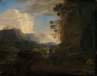 Felsiges Gebirgstal mit Bach und Hirtengruppe by Jan Asselijn, 1645 — digital art print download