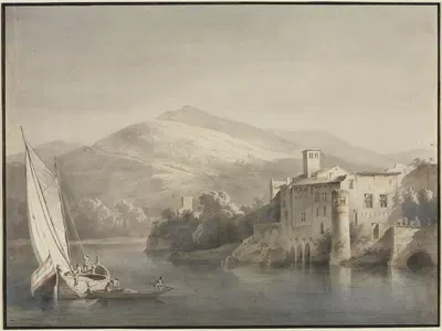 Речной пейзаж с парусной лодкой и гребной лодкой by Жан-Жак де Буассье, 1795 — digital art print download