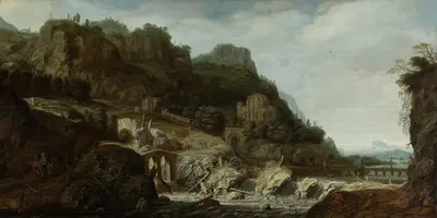 Гористый пейзаж с водопадом by Иоахим Говерц Камфёйзен — digital art print download