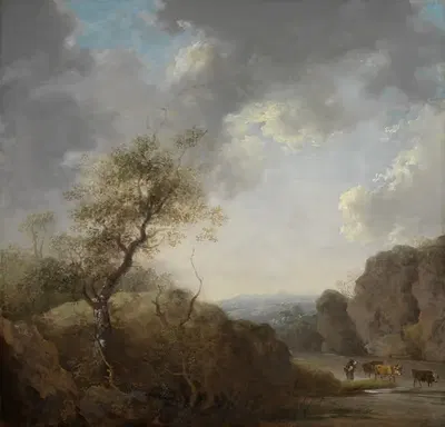Холмистый пейзаж с рекой и стадом by Иоганн Кристиан Бранд — digital art print download