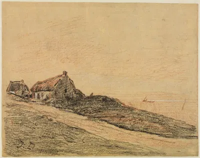 Küstenlandschaft bei Cayeux mit zwei Hütten by Jules Dupré — digital art print download