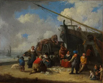 Рыбный рынок на пляже by Питер Бут, 1683 — digital art print download