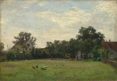 Деревенский луг с крестьянскими домами под деревьями by Филипп Рёт, 1893 — digital art print download