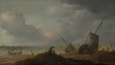Сцена на пляже с видом на бурное море с множеством кораблей by Питер Мулиер Старший — digital art print download