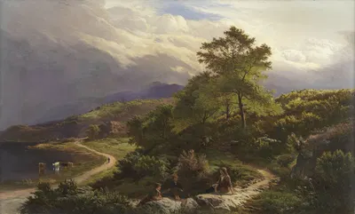 Figures resting in a mountain landscape by Sidney Richard Percy, 1861 — digital art print download