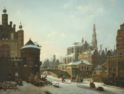 A capriccio with figures on a frozen canal by Jan Hendrik Verheijen — digital art print download