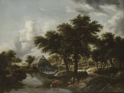 Wooded Landscape with a Watermill by Meindert Hobbema, 1663 — digital art print download