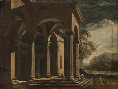 Architectural fantasy, palace in landscape by Ottavio Viviani — digital art print download