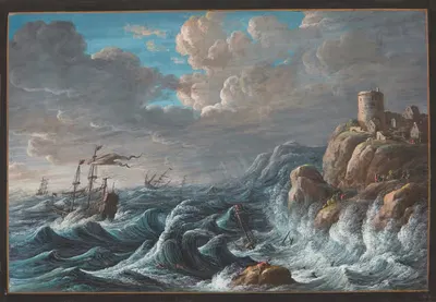 Морская сцена с обрывистым побережьем и кораблями в бедственном положении by Маргарета Барбара Дицш — digital art print…