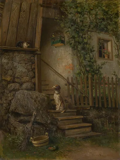 На веранде (Собака и Кошка) by Эдуард Майш, 1882 — digital art print download