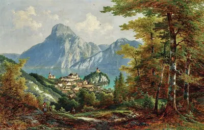 A view of Traunstein and Traunkirchen by Ferdinand Lepie, 1882 — digital art print download
