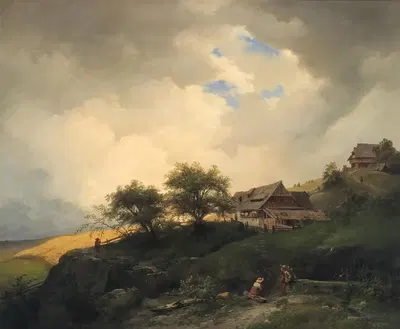 Пейзаж с крестьянскими хижинами у кукурузного поля by Игнац Раффальт, 1850 — digital art print download