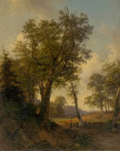 Альпийский пейзаж с деревьями на переднем плане by Йозеф Хёгер, 1852 — digital art print download