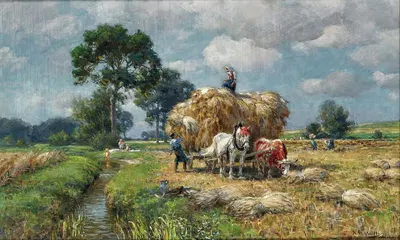 Летний урожай, на заднем плане дети у ручья by Карл Штульмюллер — digital art print download