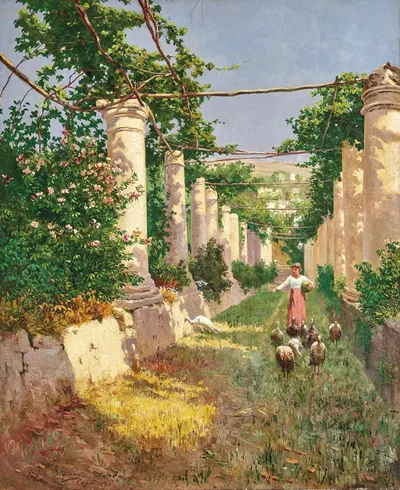 Молодая девушка, кормящая индюков в солнечной перголе на Капри by Стефан Симони, 1891 — digital art print download