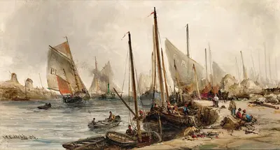 Fishermen in the harbour by William Edward Webb, 1884 — digital art print download