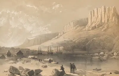 The Arctic Squadron in Leevly Harbour, Island of Disco, West Coast of Greenland by Walter William May, 1855 — digital art…