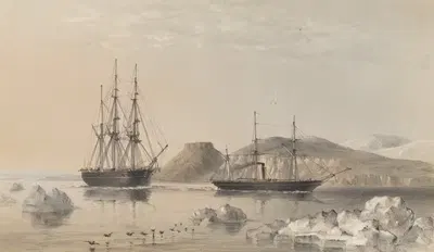 H.M.S. Assistance, на буксире у Pioneer (капитан Шерард Осборн), проходящий мимо горы Джона Барроу, к северу от канала…