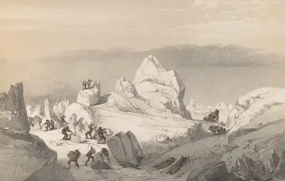 Division of Sledges finding and cutting a road through heavy hummocks, in the Queen's Channel by Walter William May, 1855 —…