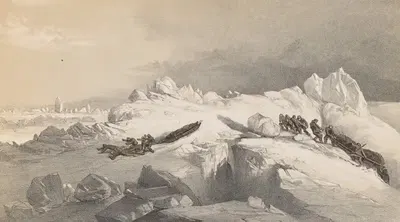 Division of Sledges finding and cutting a road through heavy hummocks, in the Queen's Channel by Walter William May, 1855 —…