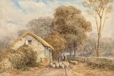 A traveller on horseback, with a shepherd and his sheep, by a barn, on a country road by David Cox — digital art print…