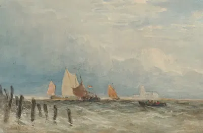 Dutch fishing smacks off the coast, with Grote Kerk, Dordrecht in the distance by David Cox — digital art print download