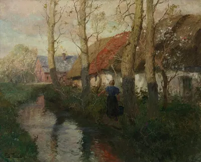 A River in Normandy with a Woman Carrying Water by Frits Thaulow — digital art print download