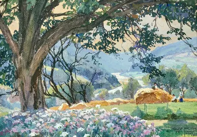 Hay harvest and flowering shrubs near Persenbeug upon Danube river by Gustav Feith, 1920 — digital art print download