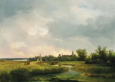 Огромный речной пейзаж с семьей, возвращающейся домой by Игнац Раффальт, 1848 — digital art print download