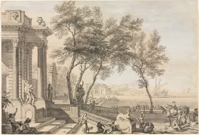 Фантастическая сцена порта с архитектурой и фигурами by Исаак де Мушерон, 1713 — digital art print download