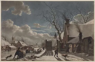 Зимняя ночь в голландском городе by Якоб Кац, 1797 — digital art print download