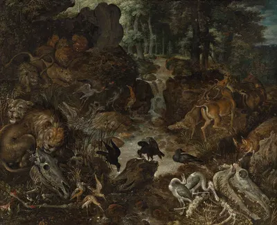 Львы и лисица в rugged пейзаже by Роелант Савери, 1576–1637 — digital art print download