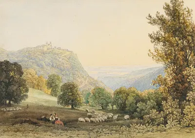 View of Leopoldsberg with resting women and sheep in the foreground by Thomas Ender — digital art print download