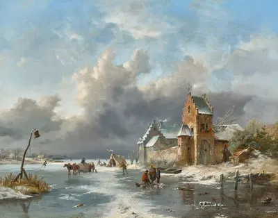 Зимний пейзаж с фигурами на замерзшей реке by Фредерик Мариус Крусман — digital art print download