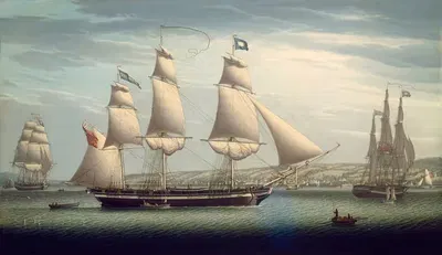 Корабль 'Фаворит' маневрирует у Гринока by Роберт Салмон, 1819 — digital art print download