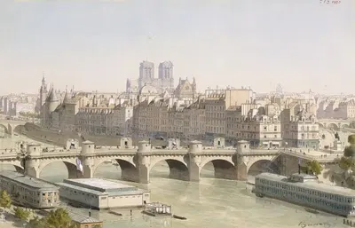 Вид на остров Сите и мост Новый с его магазинами, около 1840 года by Фёдор Хоффбауэр, 1915-1945 — digital art print download