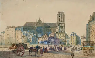 Notre-Dame et le pont d'Arcole vus de la place de l'Hôtel de Ville en 1845 by Henri Jean Baptiste Levis, 1915-1945 —…
