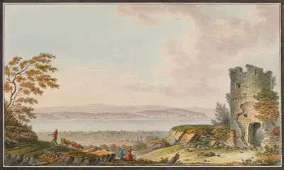 Vue de Lancienne Tour d'Avenche, et du Lac de Morat by Joseph Emmanuel Curty — digital art print download