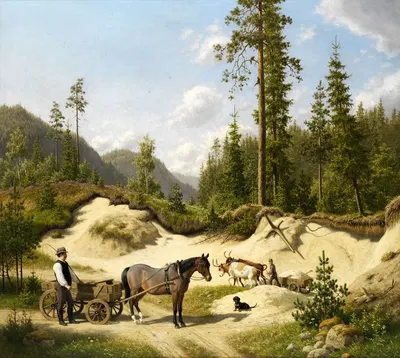 Two men with carts in front of a pine forest by Carl Bøgh — digital art print download