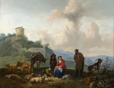 Famille de bergers au pied de ruines antiques et Famille de bergers au bord d'une rivière by Hendrick Mommers — digital art…