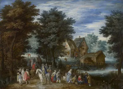 Riders and walkers on a path in a river landscape by Karel Beschey — digital art print download