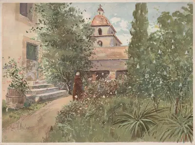 Миссия Санта-Барбары, садовая сцена by Луис Кинни Харлоу, 1895 — digital art print download