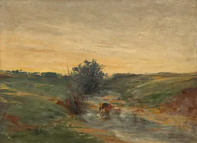 Женщина, стирающая у ручья на закате by Серафин Маурер, 1920 — digital art print download